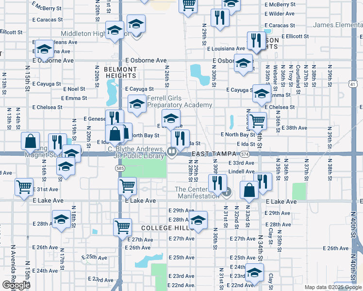 map of restaurants, bars, coffee shops, grocery stores, and more near 4207 North 26th Street in Tampa