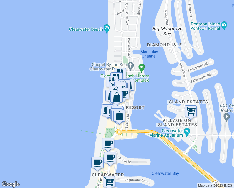 map of restaurants, bars, coffee shops, grocery stores, and more near 500 Mandalay Avenue in Clearwater