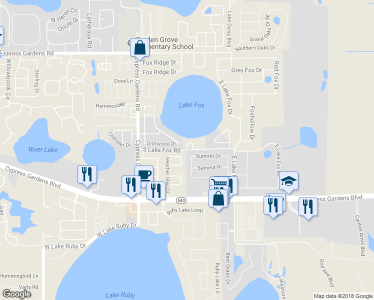 map of restaurants, bars, coffee shops, grocery stores, and more near 22 South Lake Fox Road in Winter Haven