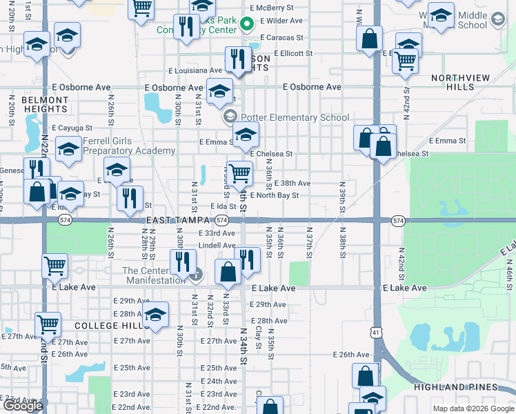 map of restaurants, bars, coffee shops, grocery stores, and more near 4013 North 34th Street in Tampa