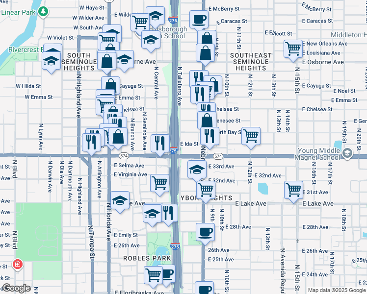 map of restaurants, bars, coffee shops, grocery stores, and more near 4119 North Taliaferro Avenue in Tampa