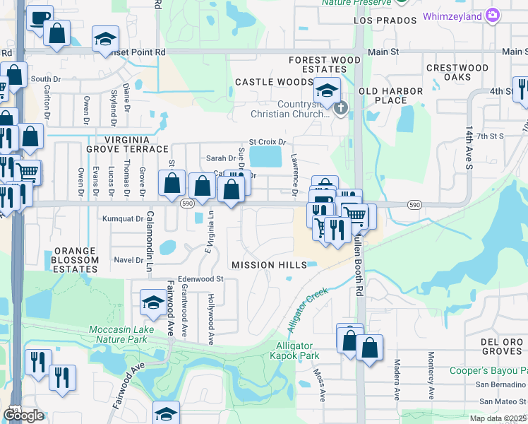 map of restaurants, bars, coffee shops, grocery stores, and more near 2963 Flint Drive North in Clearwater