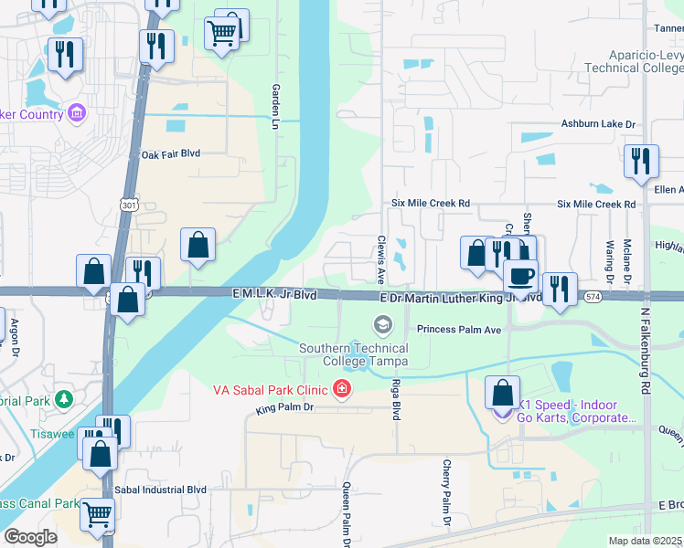 map of restaurants, bars, coffee shops, grocery stores, and more near 9221 Hilltop Meadow Loop in Tampa