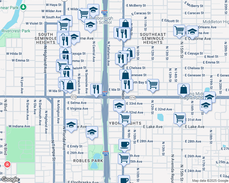 map of restaurants, bars, coffee shops, grocery stores, and more near 812 East Ida Street in Tampa