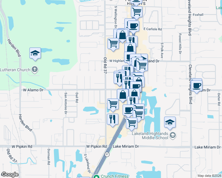 map of restaurants, bars, coffee shops, grocery stores, and more near 323 West Alamo Drive in Lakeland