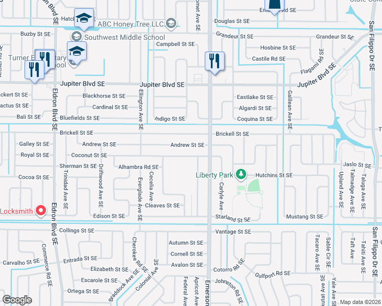map of restaurants, bars, coffee shops, grocery stores, and more near 790 Andrew Street Southeast in Palm Bay