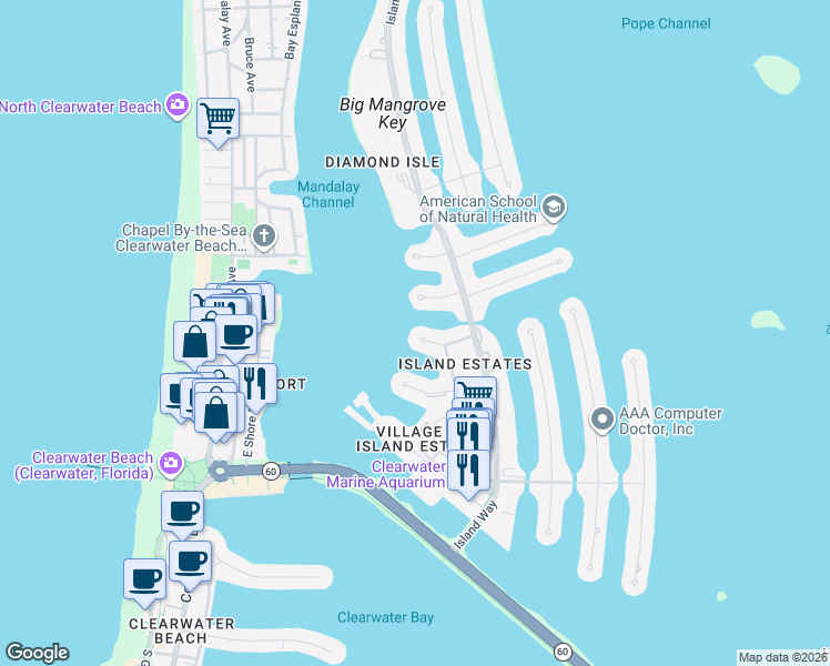map of restaurants, bars, coffee shops, grocery stores, and more near 220 Skiff Point in Clearwater