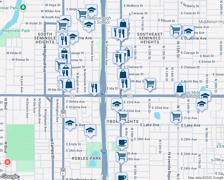 map of restaurants, bars, coffee shops, grocery stores, and more near 812 East Ida Street in Tampa