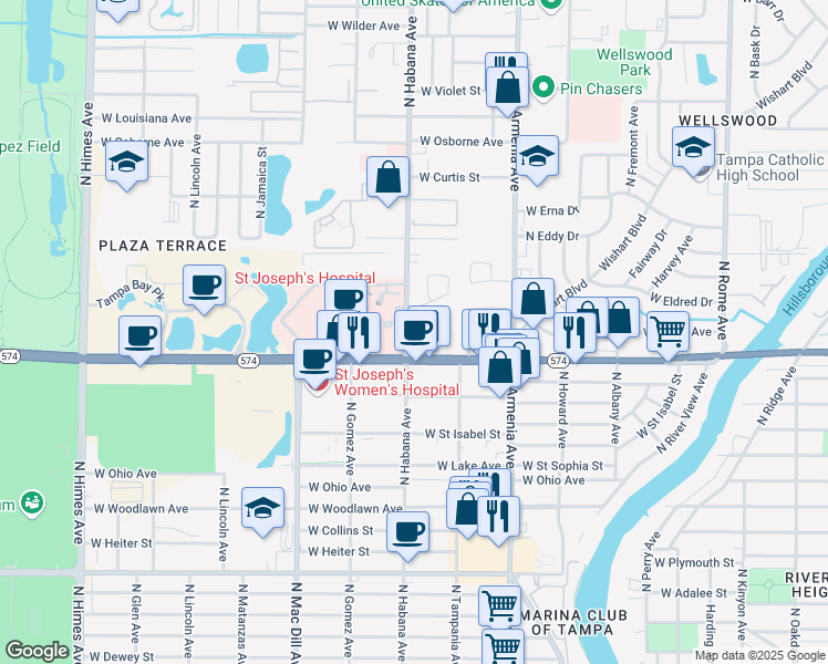 map of restaurants, bars, coffee shops, grocery stores, and more near 4411 North Habana Avenue in Tampa