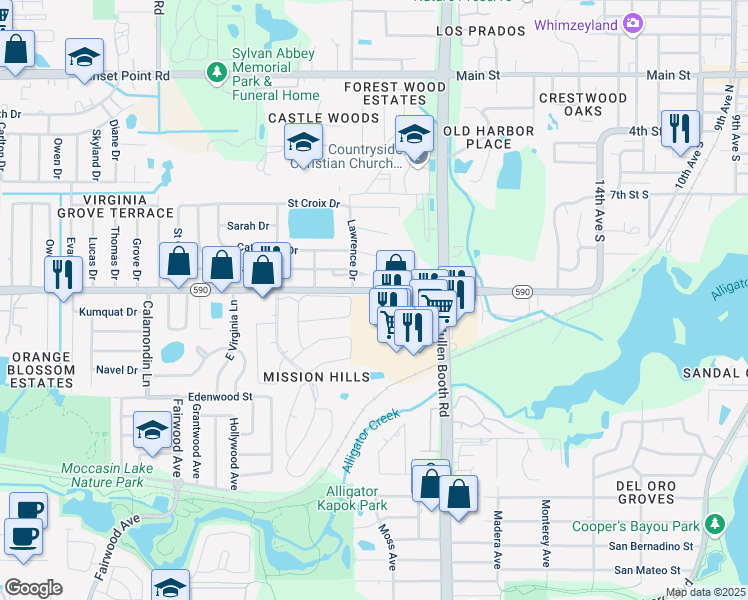 map of restaurants, bars, coffee shops, grocery stores, and more near 3021 Florida 590 in Clearwater