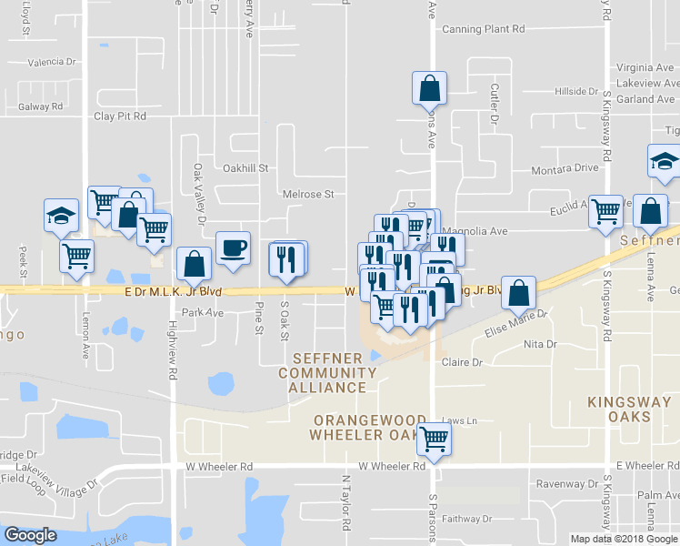 map of restaurants, bars, coffee shops, grocery stores, and more near 1517 South Taylor Road in Seffner
