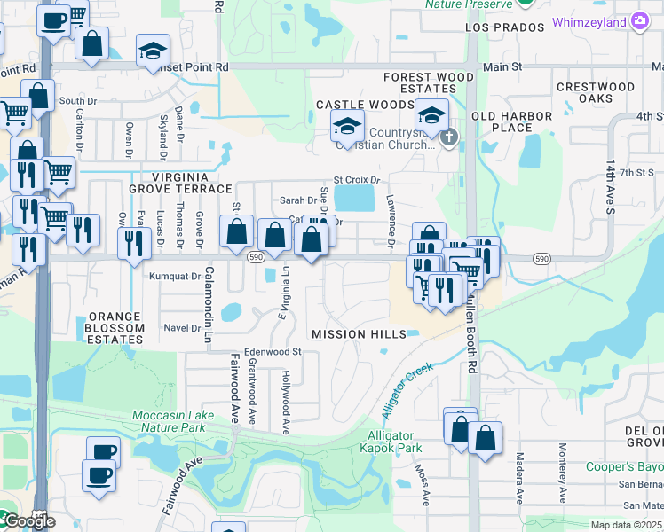map of restaurants, bars, coffee shops, grocery stores, and more near 1625 Flint Drive North in Clearwater