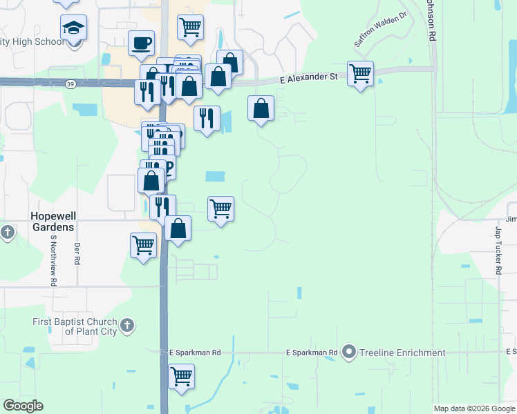 map of restaurants, bars, coffee shops, grocery stores, and more near 2638 Holly Bluff Court in Plant City