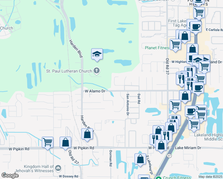 map of restaurants, bars, coffee shops, grocery stores, and more near 739 West Alamo Drive in Lakeland