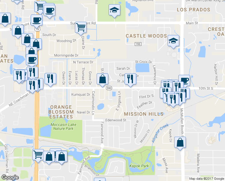 map of restaurants, bars, coffee shops, grocery stores, and more near 2841 Florida 590 in Clearwater