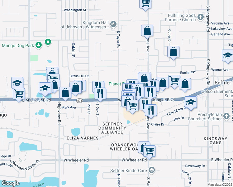 map of restaurants, bars, coffee shops, grocery stores, and more near 1517 South Taylor Road in Seffner