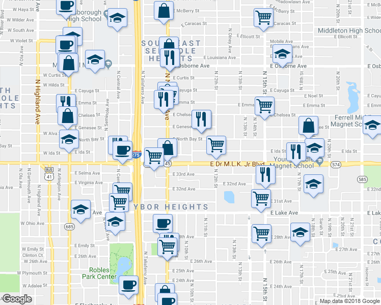 map of restaurants, bars, coffee shops, grocery stores, and more near 1000 East Ida Street in Tampa