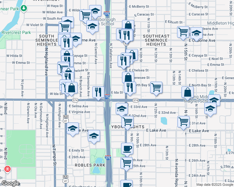 map of restaurants, bars, coffee shops, grocery stores, and more near 812 East Ida Street in Tampa