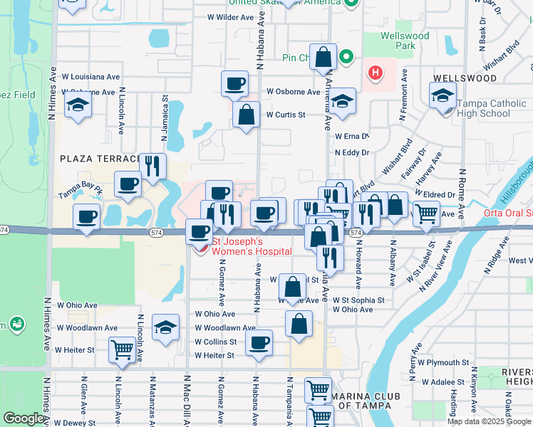 map of restaurants, bars, coffee shops, grocery stores, and more near 4411 North Habana Avenue in Tampa