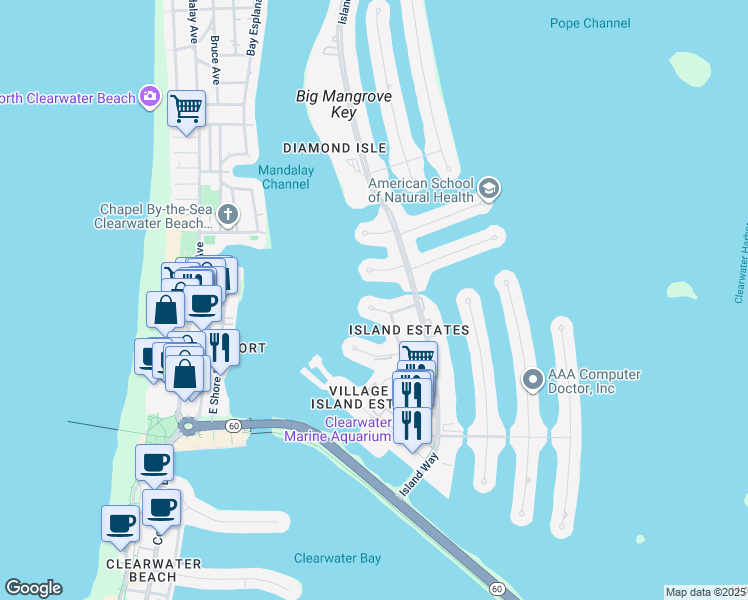 map of restaurants, bars, coffee shops, grocery stores, and more near 220 Skiff Point in Clearwater
