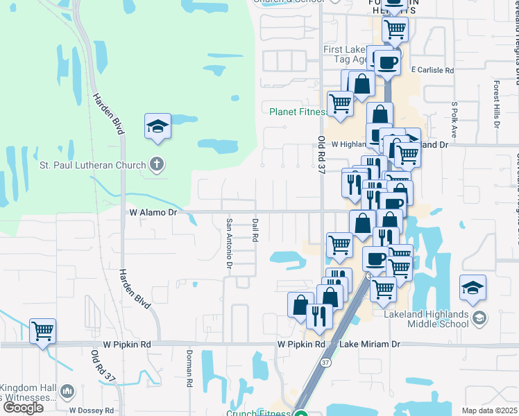 map of restaurants, bars, coffee shops, grocery stores, and more near 519 West Alamo Drive in Lakeland
