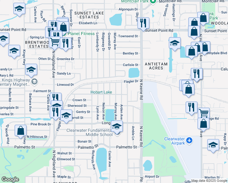 map of restaurants, bars, coffee shops, grocery stores, and more near 1502 Murray Avenue in Clearwater
