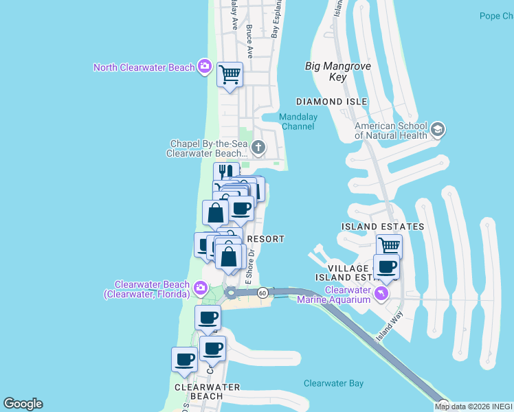 map of restaurants, bars, coffee shops, grocery stores, and more near 501 Mandalay Avenue in Clearwater