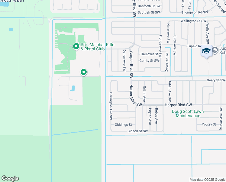 map of restaurants, bars, coffee shops, grocery stores, and more near 711 Darlington Avenue Southwest in Palm Bay