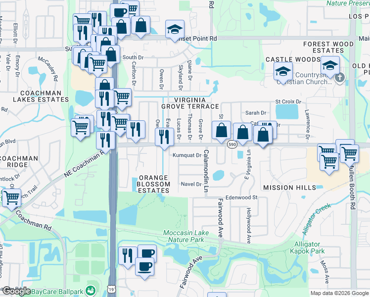 map of restaurants, bars, coffee shops, grocery stores, and more near 2741 Florida 590 in Clearwater