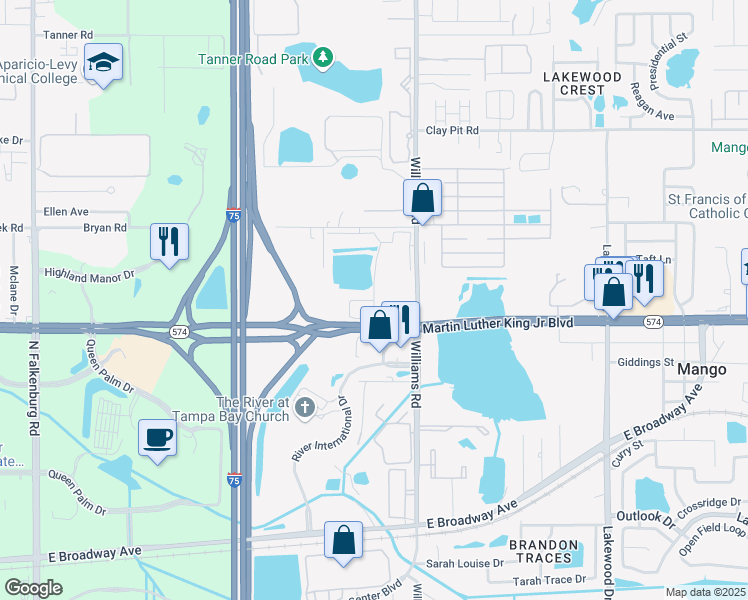 map of restaurants, bars, coffee shops, grocery stores, and more near 10810 East Doctor Martin Luther King Junior Boulevard in Tampa