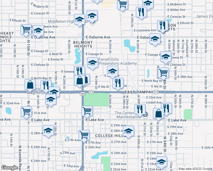 map of restaurants, bars, coffee shops, grocery stores, and more near 4102 North 26th Street in Tampa
