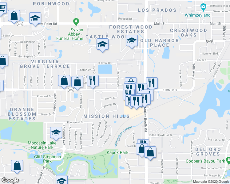 map of restaurants, bars, coffee shops, grocery stores, and more near 103 Flint Drive North in Clearwater