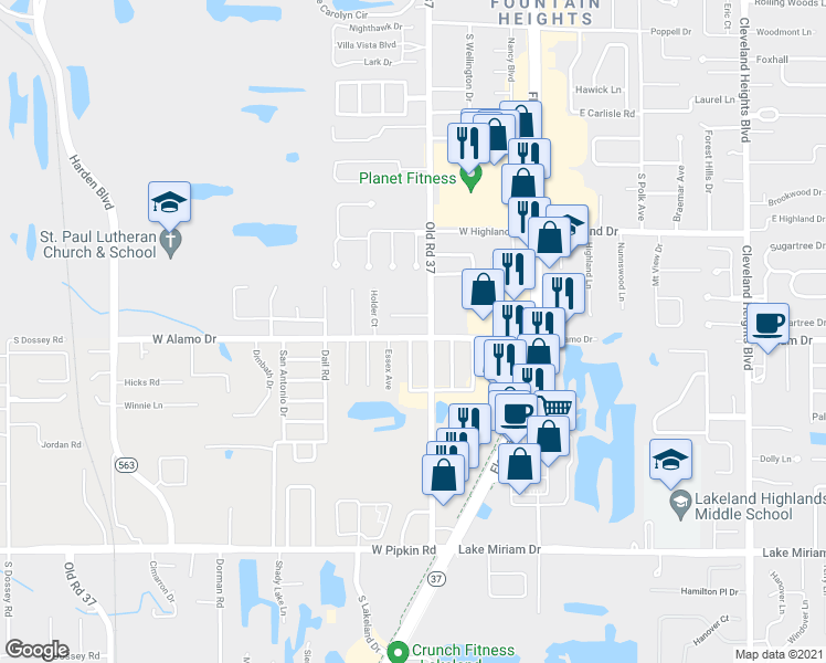 map of restaurants, bars, coffee shops, grocery stores, and more near 413 West Alamo Drive in Lakeland