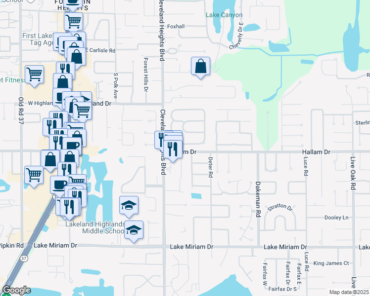 map of restaurants, bars, coffee shops, grocery stores, and more near 1051 Sugartree Drive South in Lakeland