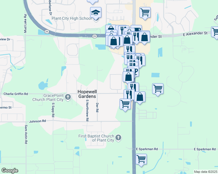 map of restaurants, bars, coffee shops, grocery stores, and more near 309 Park Springs Circle in Plant City