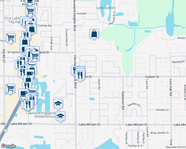 map of restaurants, bars, coffee shops, grocery stores, and more near 1119 Sugartree Drive South in Lakeland