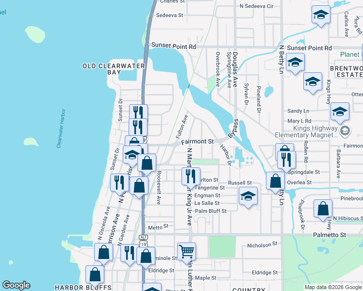 map of restaurants, bars, coffee shops, grocery stores, and more near 1011 Fairmont Street in Clearwater