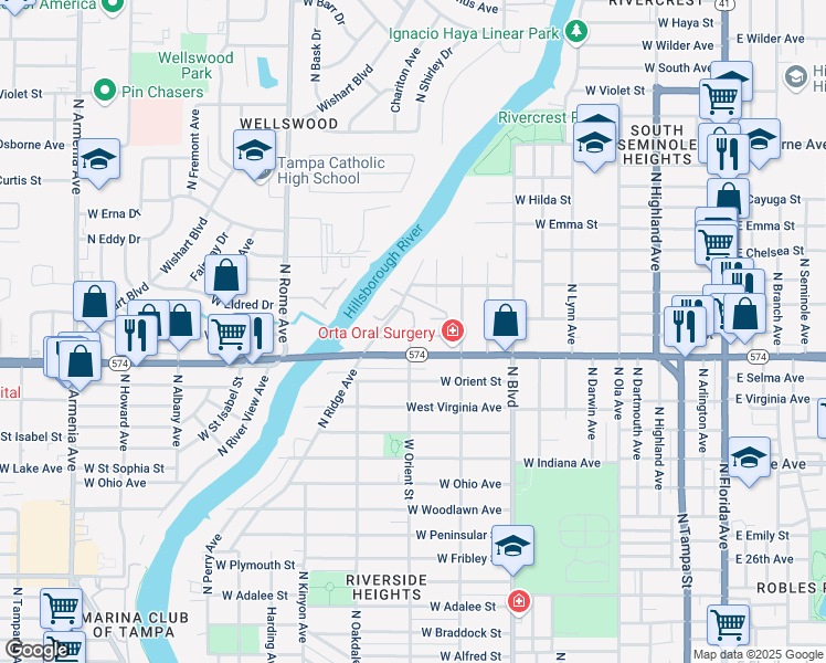 map of restaurants, bars, coffee shops, grocery stores, and more near 4105 North Poplar Avenue in Tampa