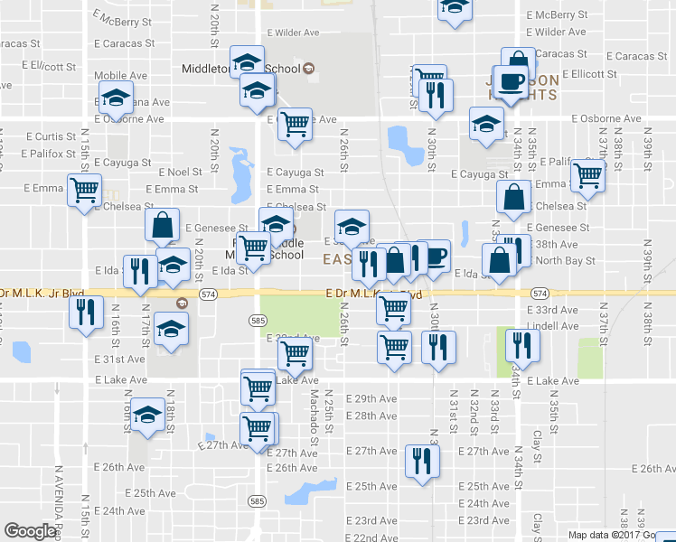 map of restaurants, bars, coffee shops, grocery stores, and more near 4102 North 26th Street in Tampa