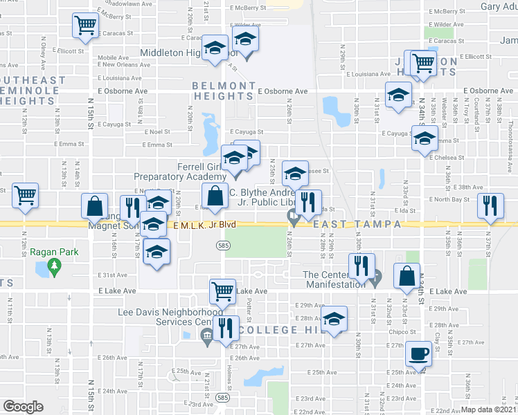 map of restaurants, bars, coffee shops, grocery stores, and more near 2402 East Ida Street in Tampa