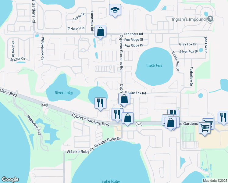map of restaurants, bars, coffee shops, grocery stores, and more near 5416 Chandler Drive in Winter Haven