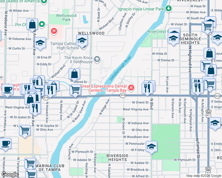 map of restaurants, bars, coffee shops, grocery stores, and more near 11/b North Riverside Drive in Tampa