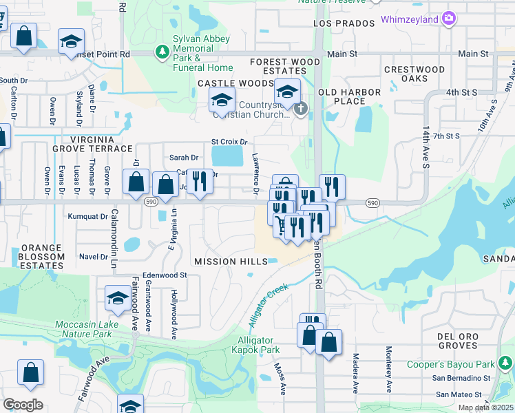 map of restaurants, bars, coffee shops, grocery stores, and more near 103 Flint Drive North in Clearwater