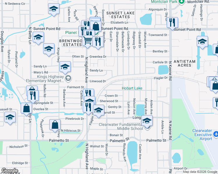 map of restaurants, bars, coffee shops, grocery stores, and more near 1571 Logan Street in Clearwater