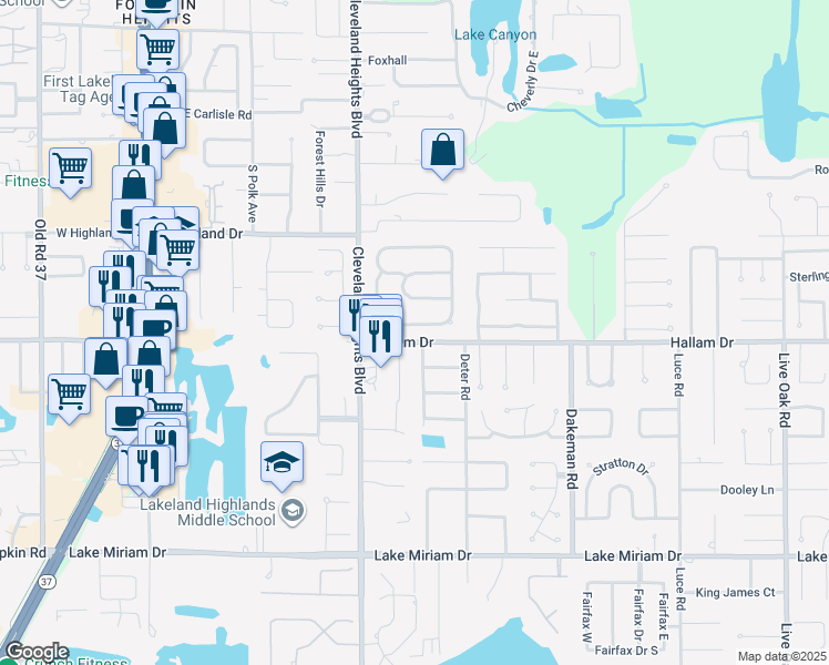 map of restaurants, bars, coffee shops, grocery stores, and more near 1063 Sugartree Drive South in Lakeland