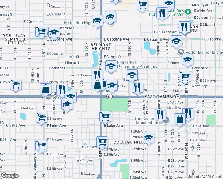 map of restaurants, bars, coffee shops, grocery stores, and more near 2402 East Ida Street in Tampa