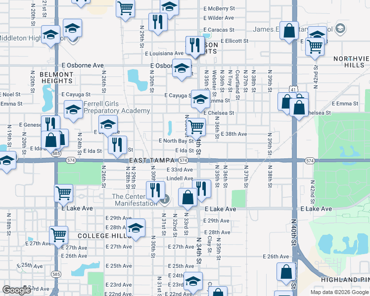 map of restaurants, bars, coffee shops, grocery stores, and more near 3212 East Ida Street in Tampa