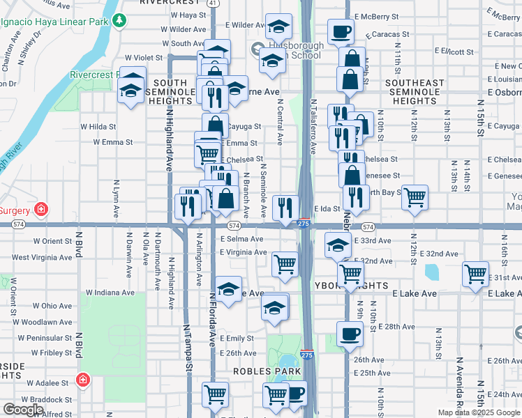 map of restaurants, bars, coffee shops, grocery stores, and more near 4012 North Seminole Avenue in Tampa