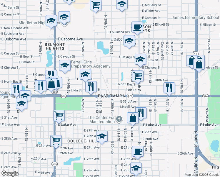 map of restaurants, bars, coffee shops, grocery stores, and more near 4102 North 30th Street in Tampa