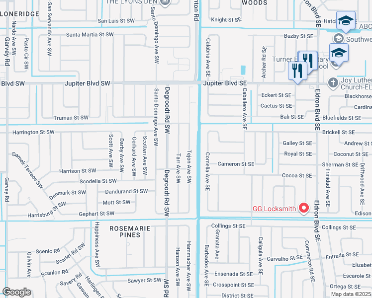 map of restaurants, bars, coffee shops, grocery stores, and more near 714 Tejon Avenue Southwest in Palm Bay